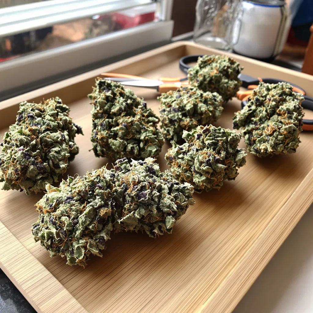Sunrise 37% indica / 63% sativa flower with visible trichomes