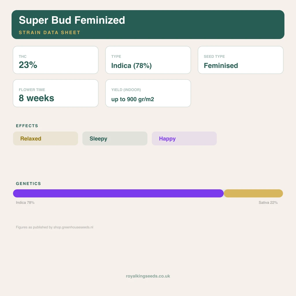 Super Bud 78% indica / 22% sativa flower with visible trichomes