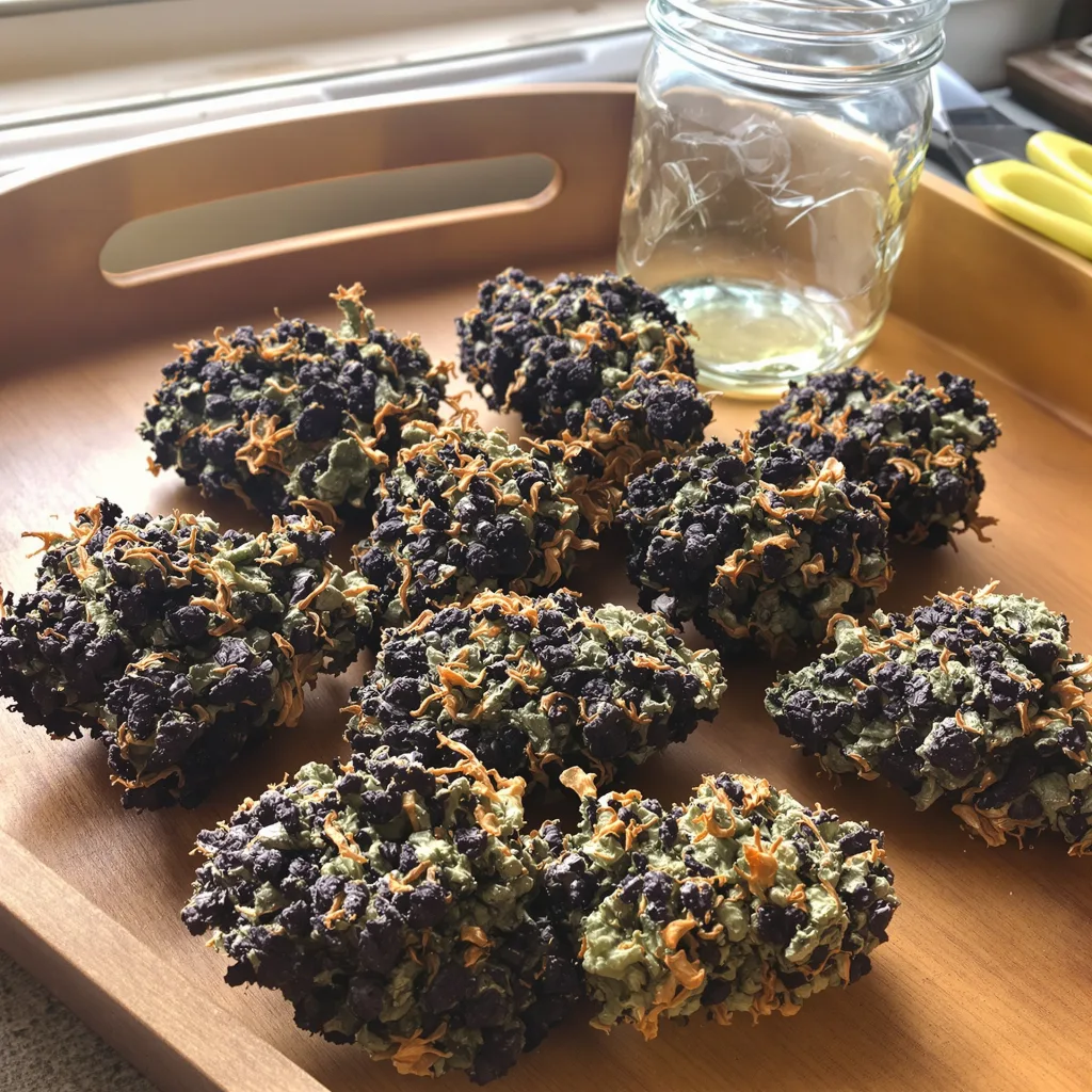 Super Kush 71% indica / 29% sativa flower with visible trichomes