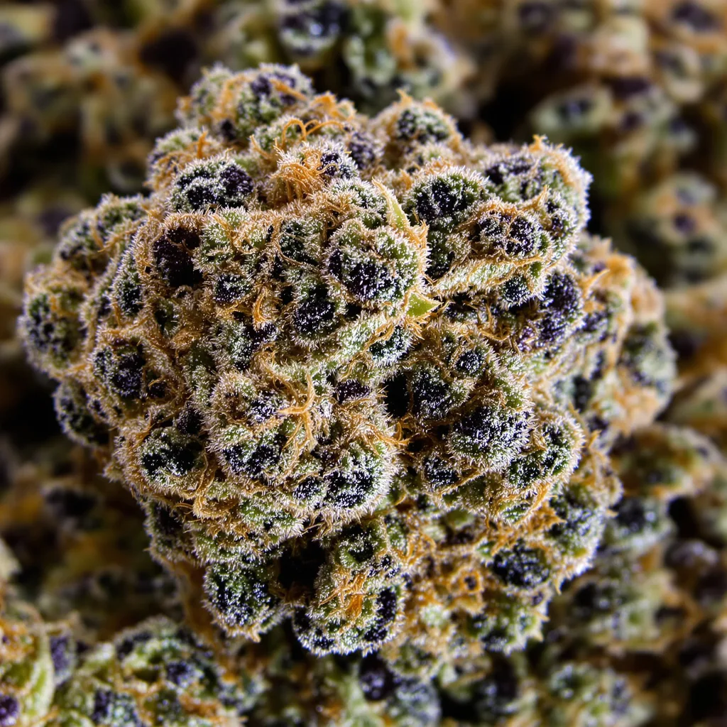 Super Kush cannabis bud close-up showing dense purple-tinged calyxes