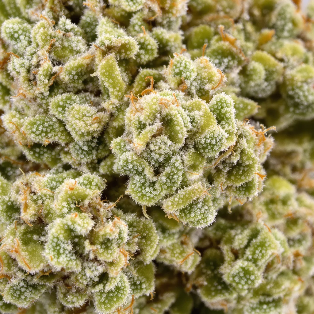 Super Silver Haze cannabis bud close-up showing lime-green airy structure