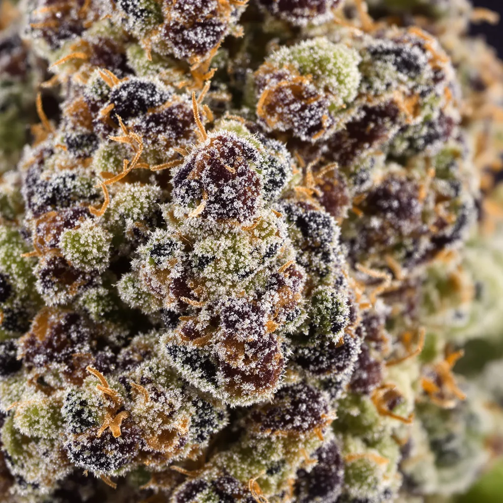 Super Skunk cannabis bud close-up showing dense purple-tinged calyxes