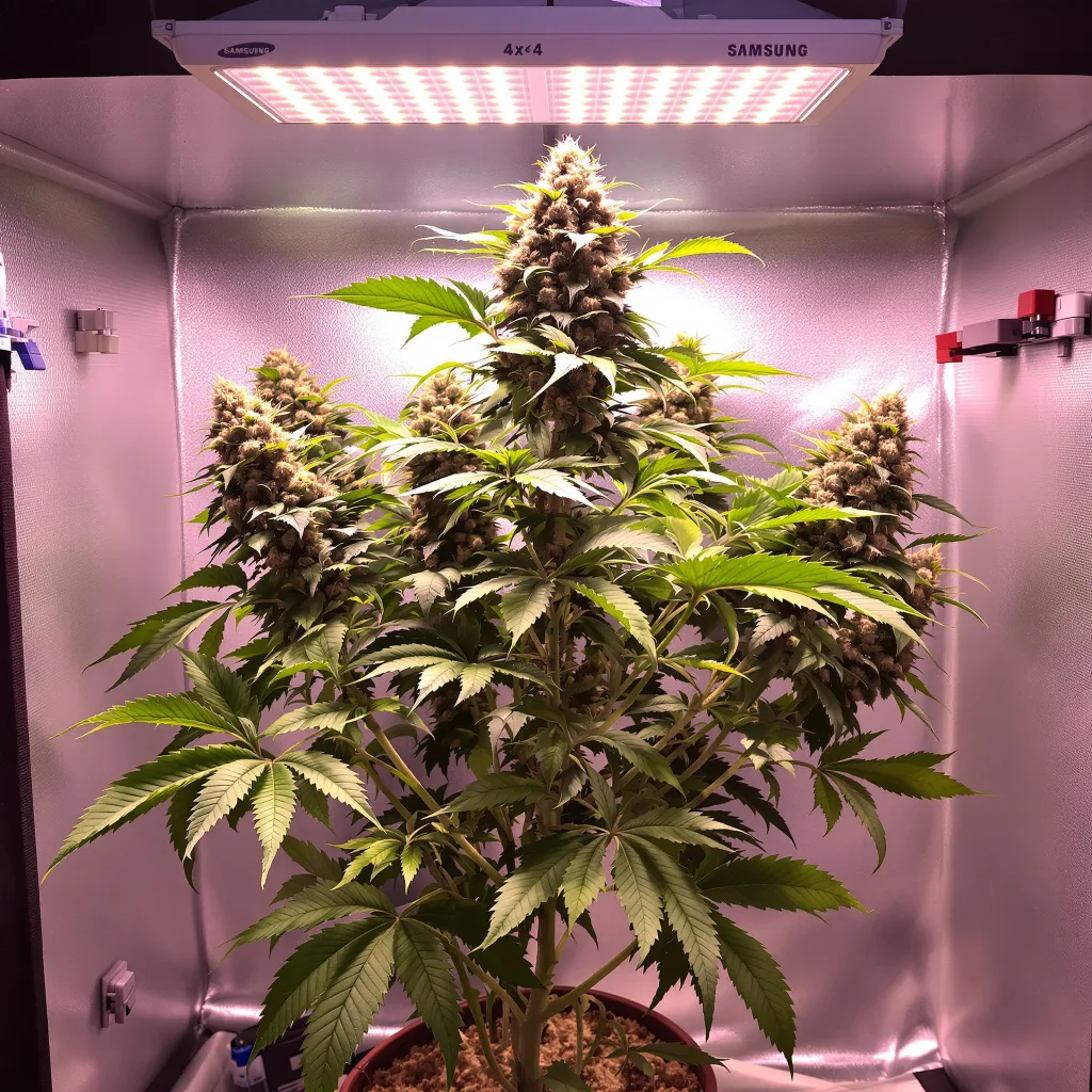 Sweet and Sour Widow 70% indica / 30% sativa flower with visible trichomes