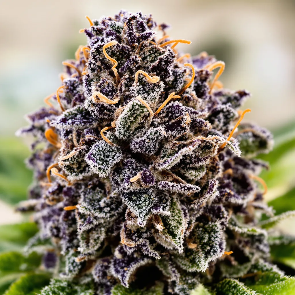 Sweet Baby Jane cannabis bud close-up showing dense purple-tinged calyxes