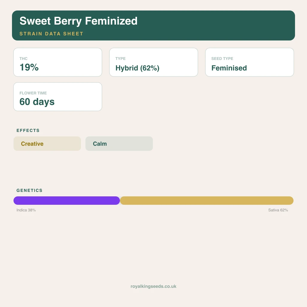 Sweet Berry 38% indica / 62% sativa flower with visible trichomes
