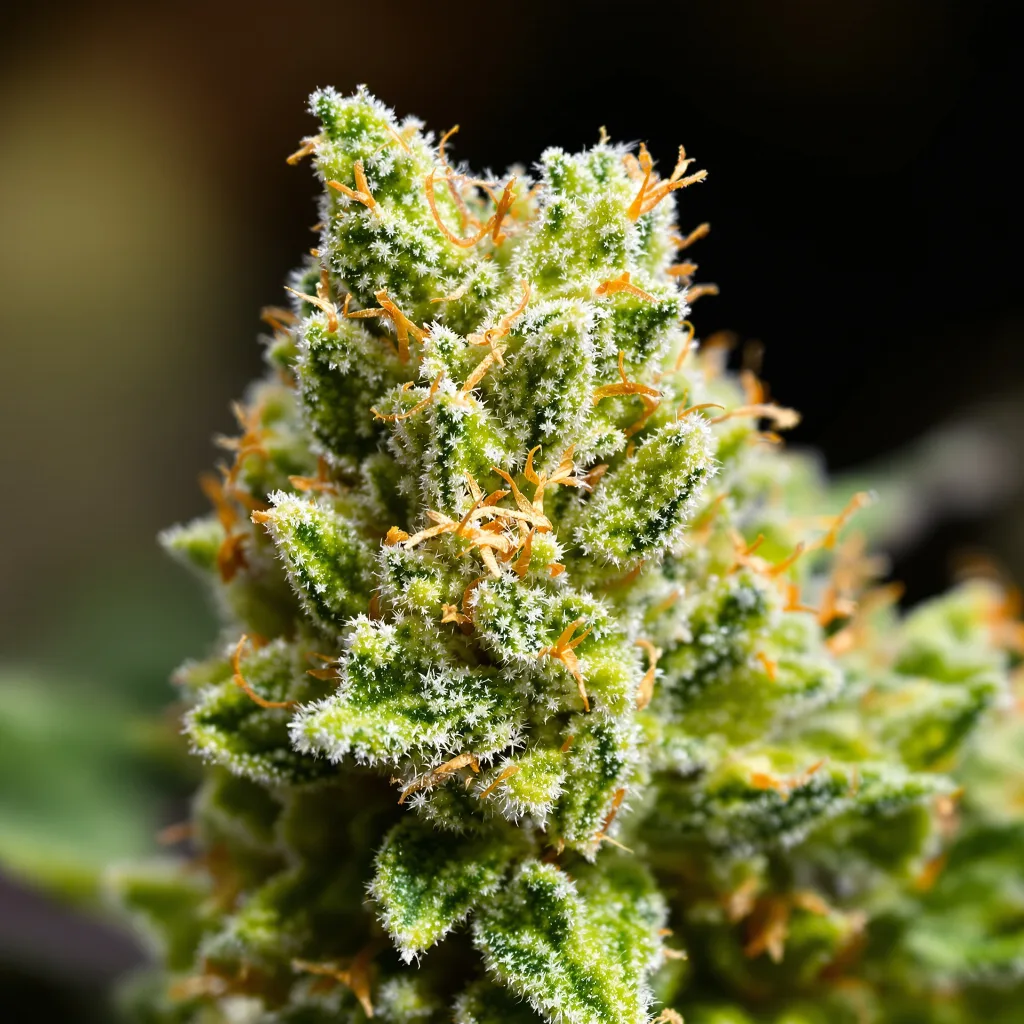 Sweet Cheese cannabis bud close-up showing lime-green airy structure