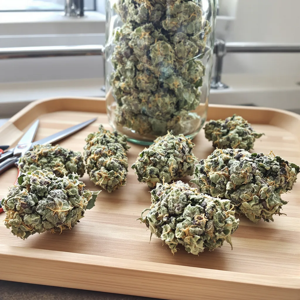 Sweet Nina 54% indica / 46% sativa flower with visible trichomes