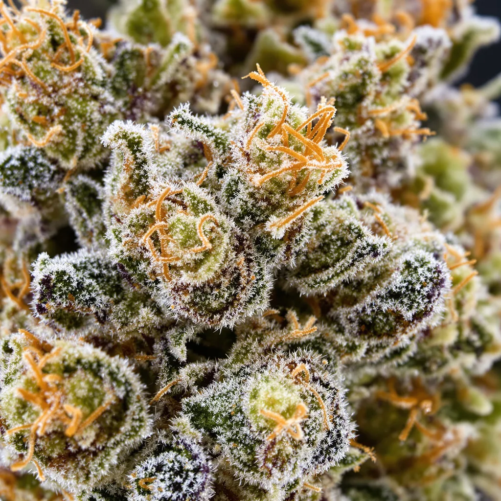 Sweet Nina cannabis bud close-up showing balanced bud structure with frosted trichomes