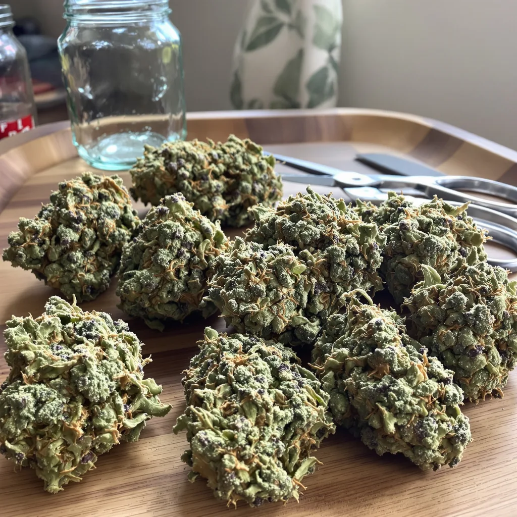 Sweet Pebbles 49% indica / 51% sativa flower with visible trichomes
