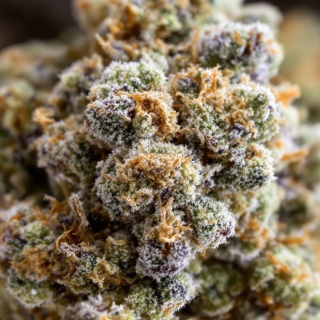 Sweet Pebbles cannabis bud close-up showing balanced bud structure with frosted trichomes