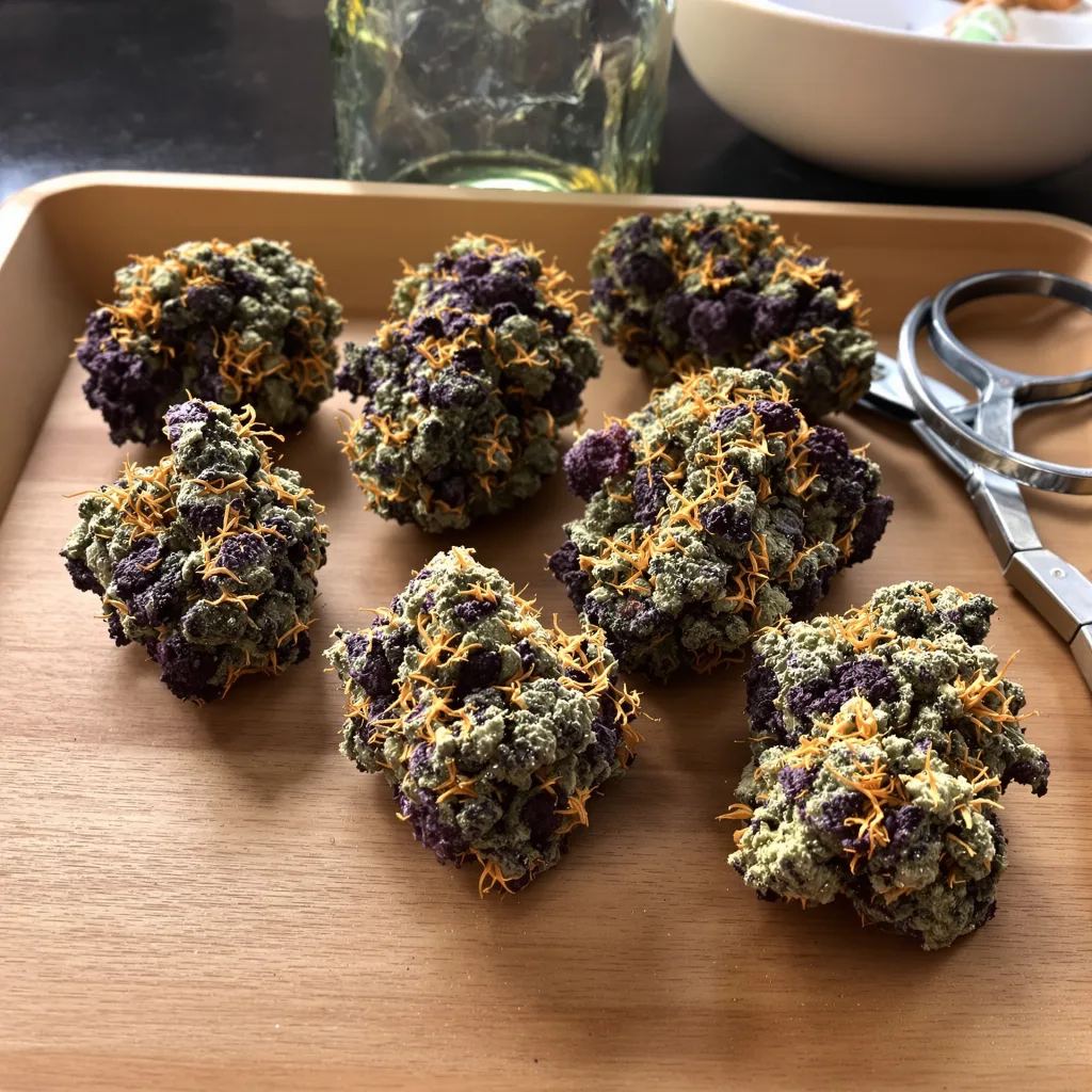Tangerine Kush 70% indica / 30% sativa flower with visible trichomes