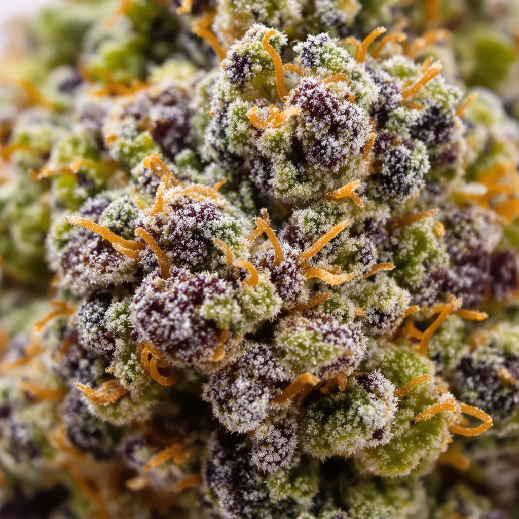 Tangerine Kush cannabis bud close-up showing dense purple-tinged calyxes