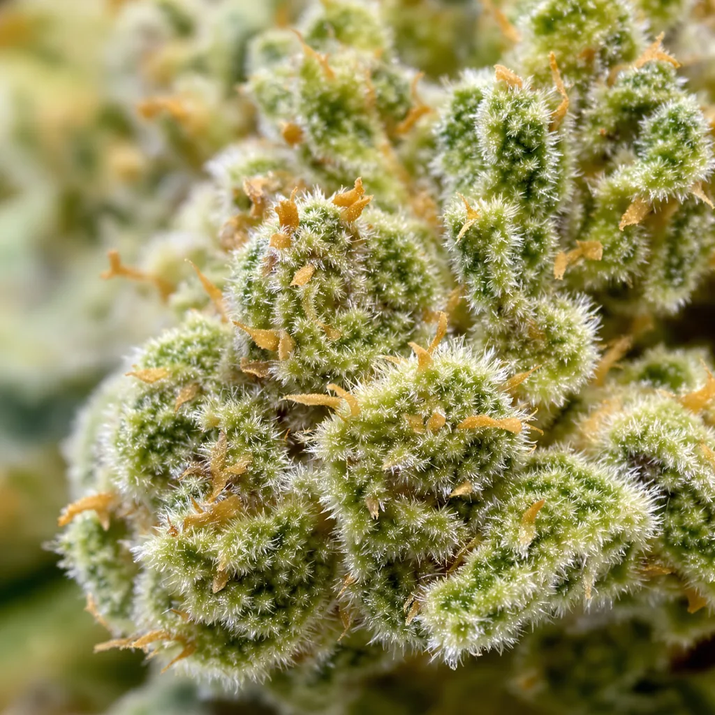 Tangilope cannabis bud close-up showing lime-green airy structure