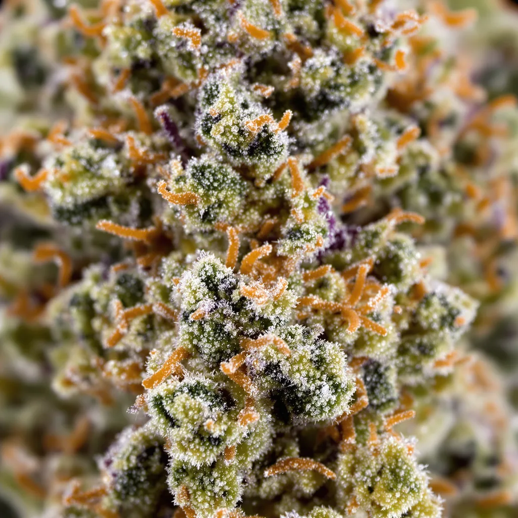 Tembo Kush cannabis bud close-up showing balanced bud structure with frosted trichomes
