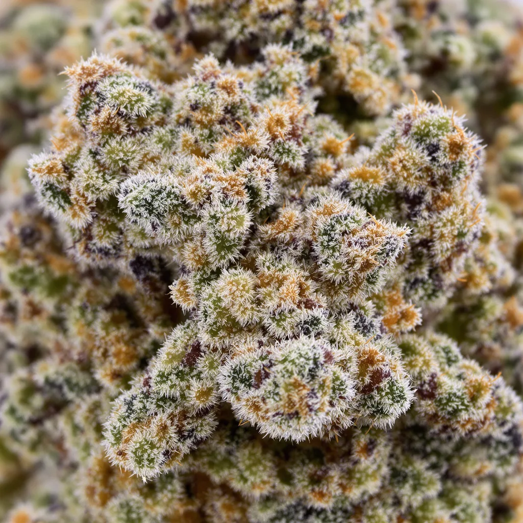 Tembo Kush cannabis bud close-up showing balanced bud structure with frosted trichomes