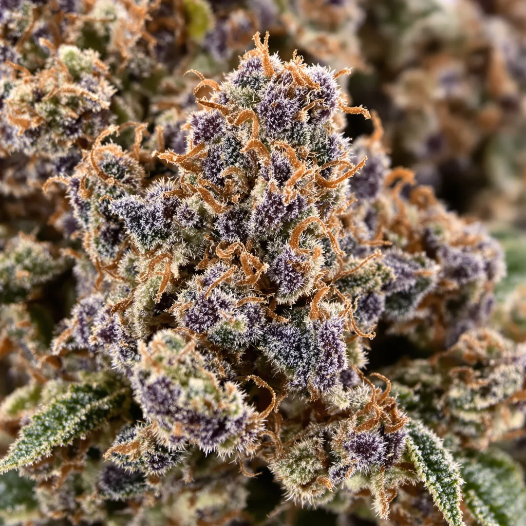 Terminator OG cannabis bud close-up showing dense purple-tinged calyxes