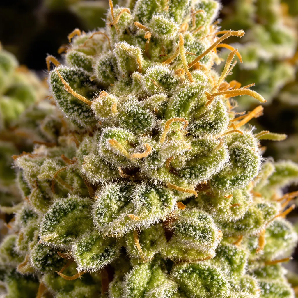 Thai cannabis bud close-up showing lime-green airy structure