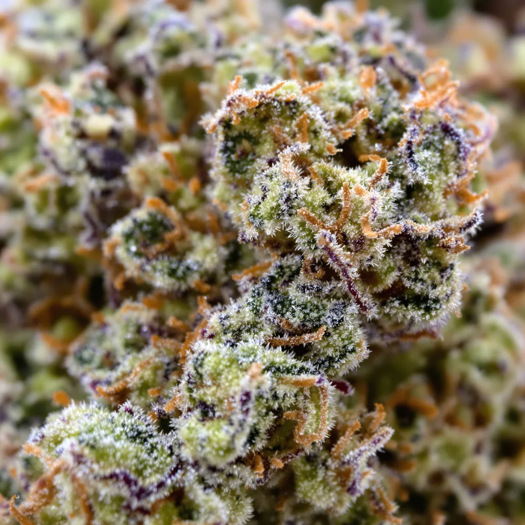 THC Bomb cannabis bud close-up showing dense forest-green nugs