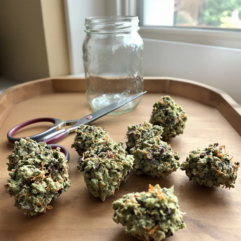 THC Bomb 60% indica / 40% sativa flower with visible trichomes