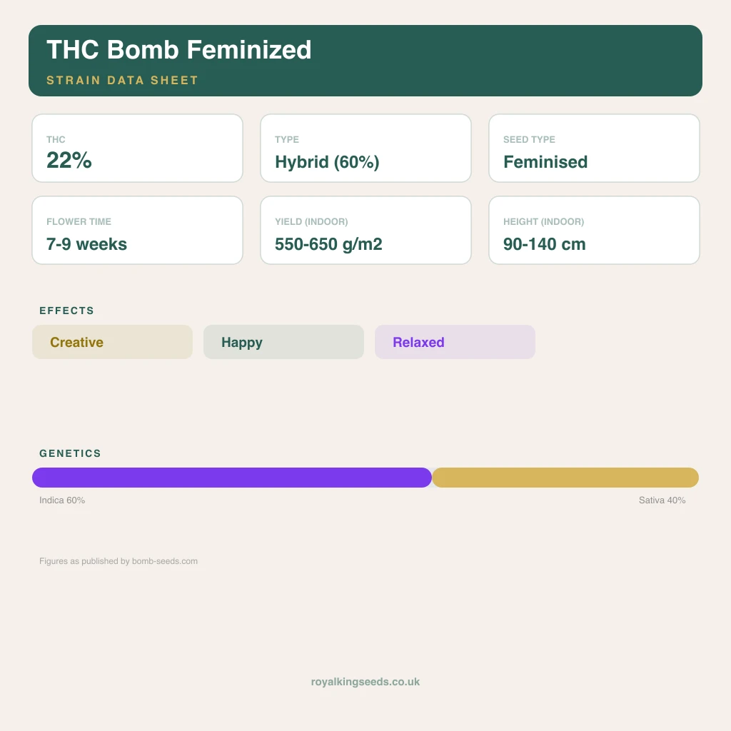 THC Bomb 60% indica / 40% sativa flower with visible trichomes