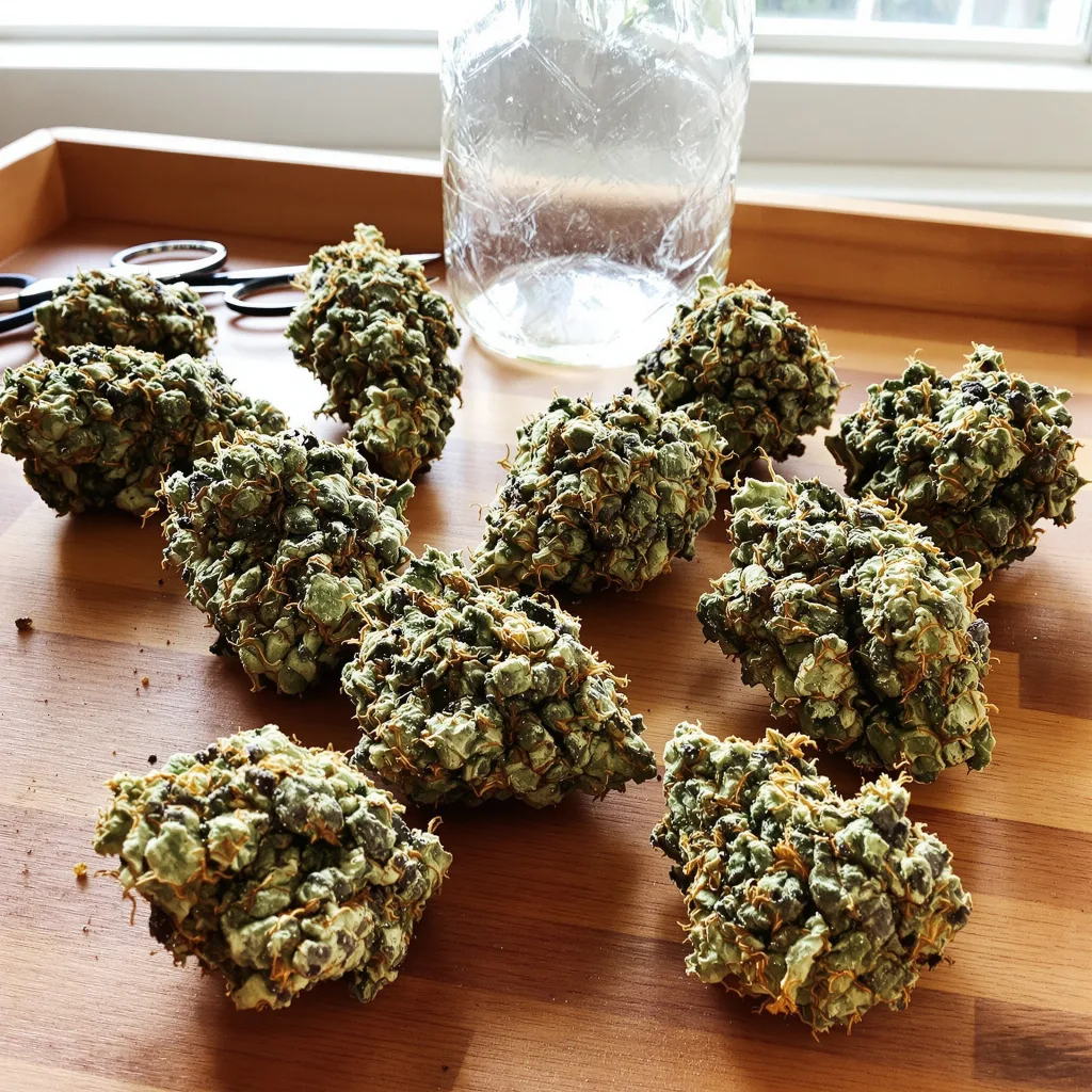 The Big Stink 85% indica / 15% sativa flower with visible trichomes