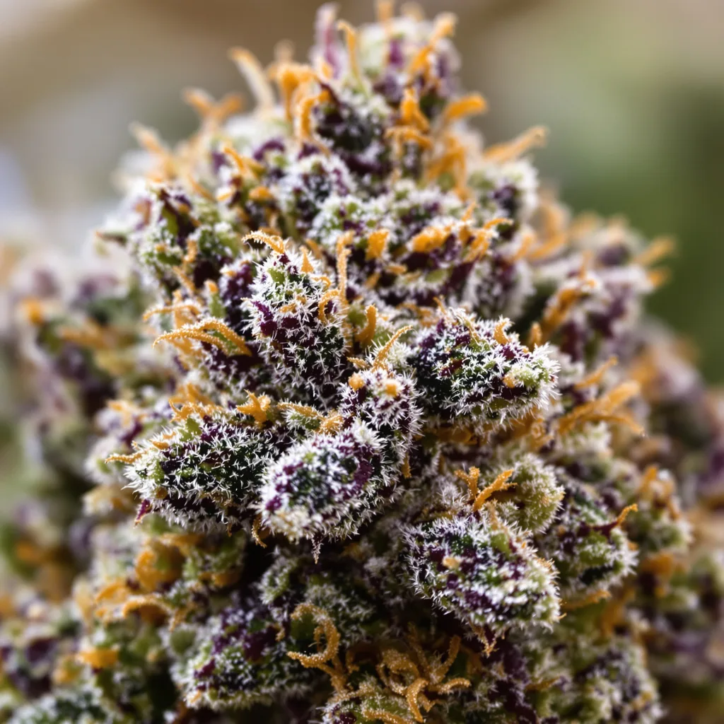 The Hog cannabis bud close-up showing dense purple-tinged calyxes