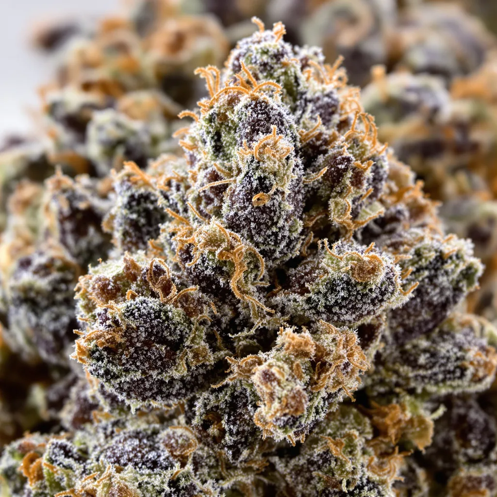 The OX cannabis bud close-up showing dense purple-tinged calyxes