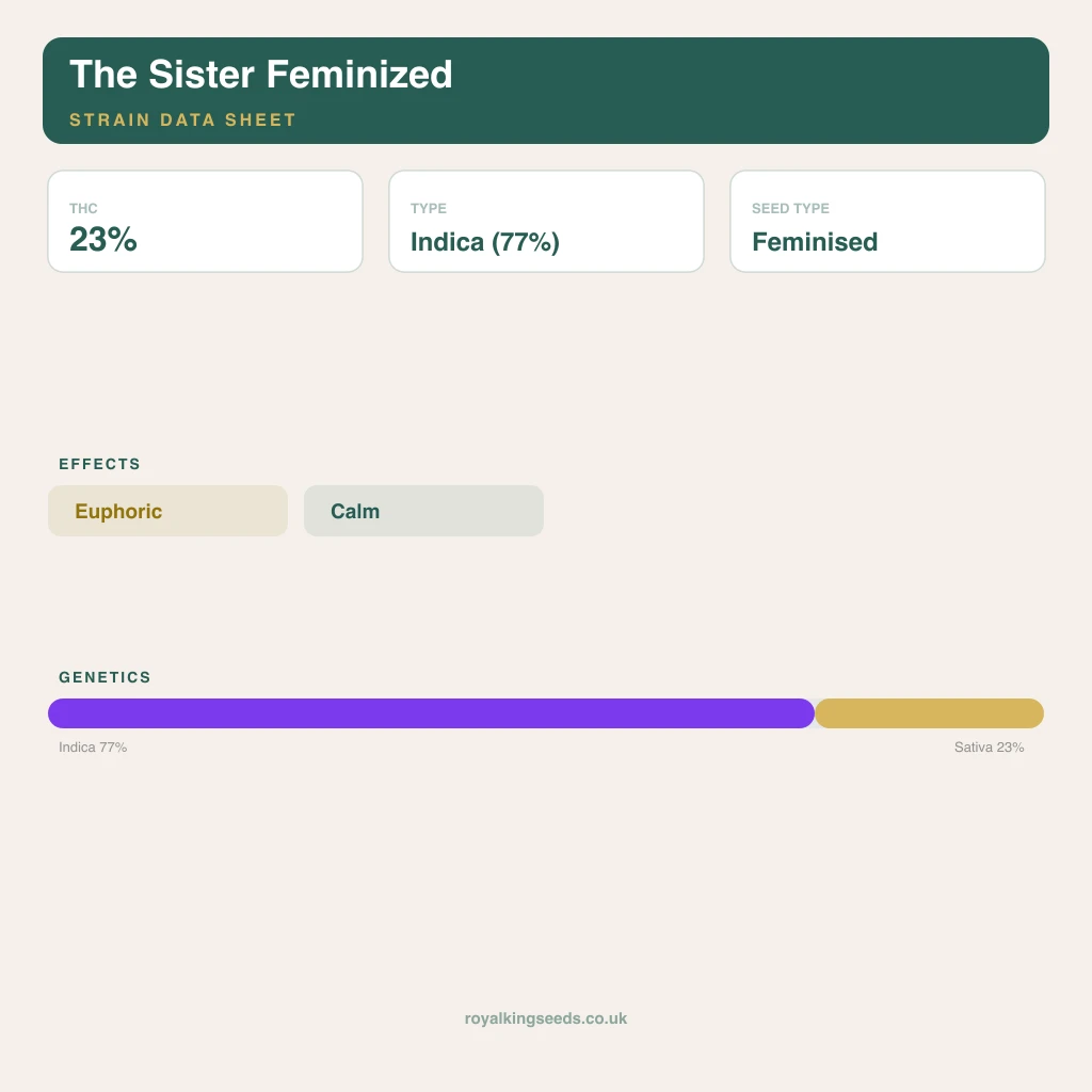 The Sister 77% indica / 23% sativa flower with visible trichomes