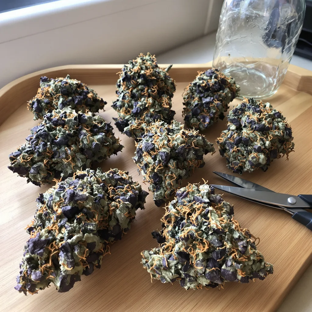 The White 80% indica / 20% sativa flower with visible trichomes