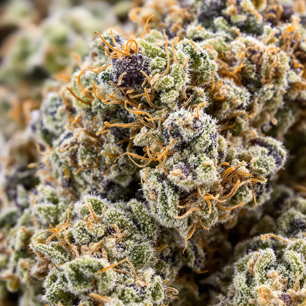 The White cannabis bud close-up showing dense purple-tinged calyxes