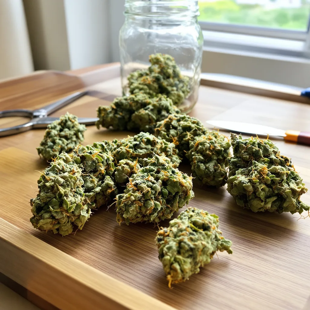 Timewreck 25% indica / 75% sativa flower with visible trichomes