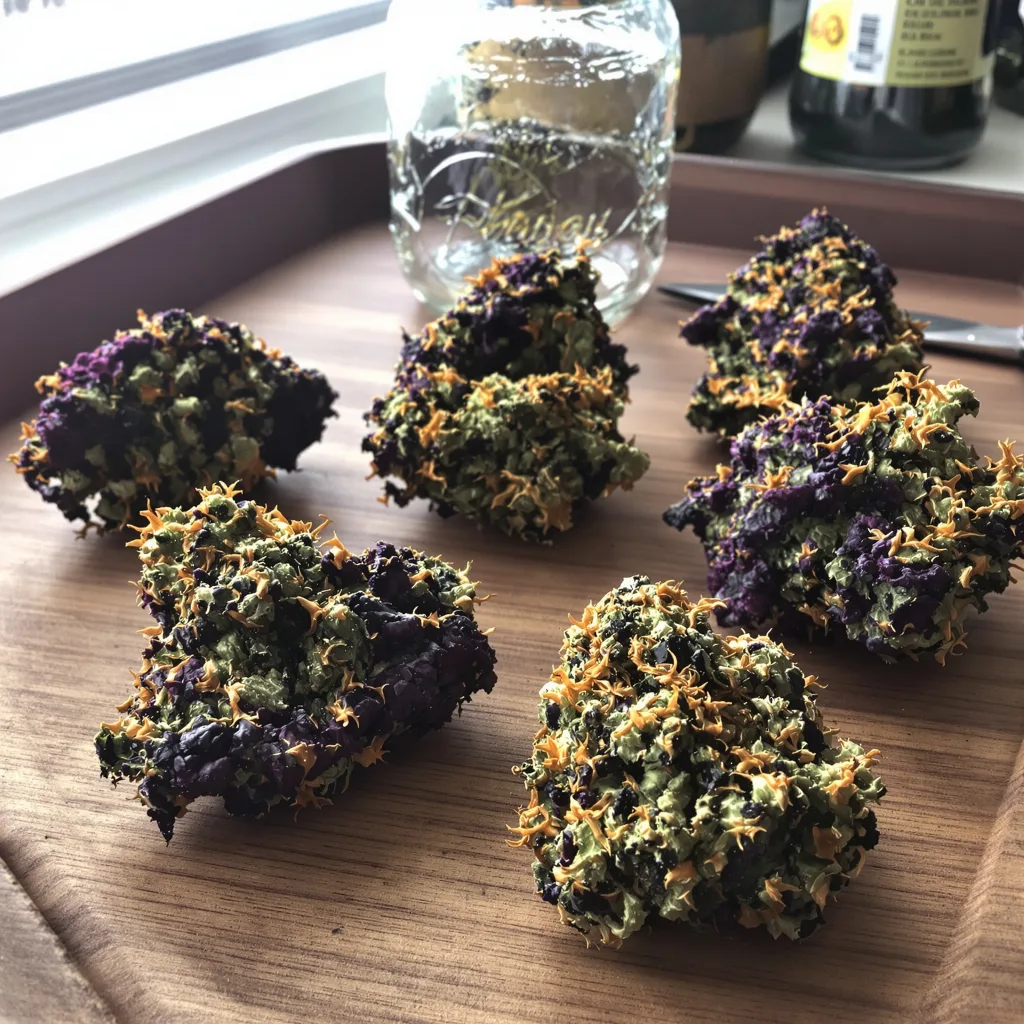 Tora Bora 100% indica / 50% sativa flower with visible trichomes