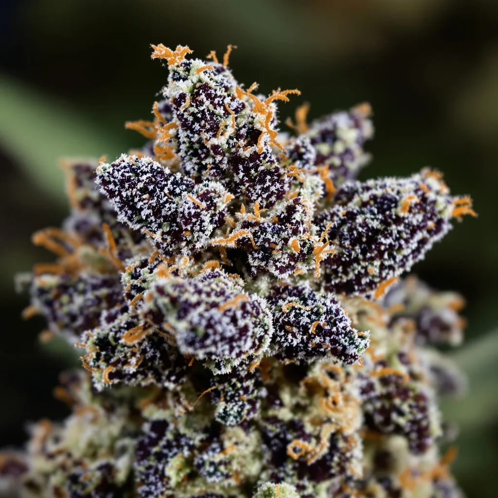 Tora Bora cannabis bud close-up showing dense purple-tinged calyxes