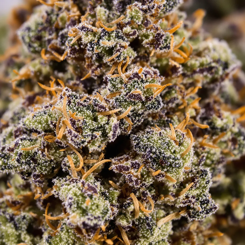 Triple Cheese cannabis bud close-up showing dense purple-tinged calyxes