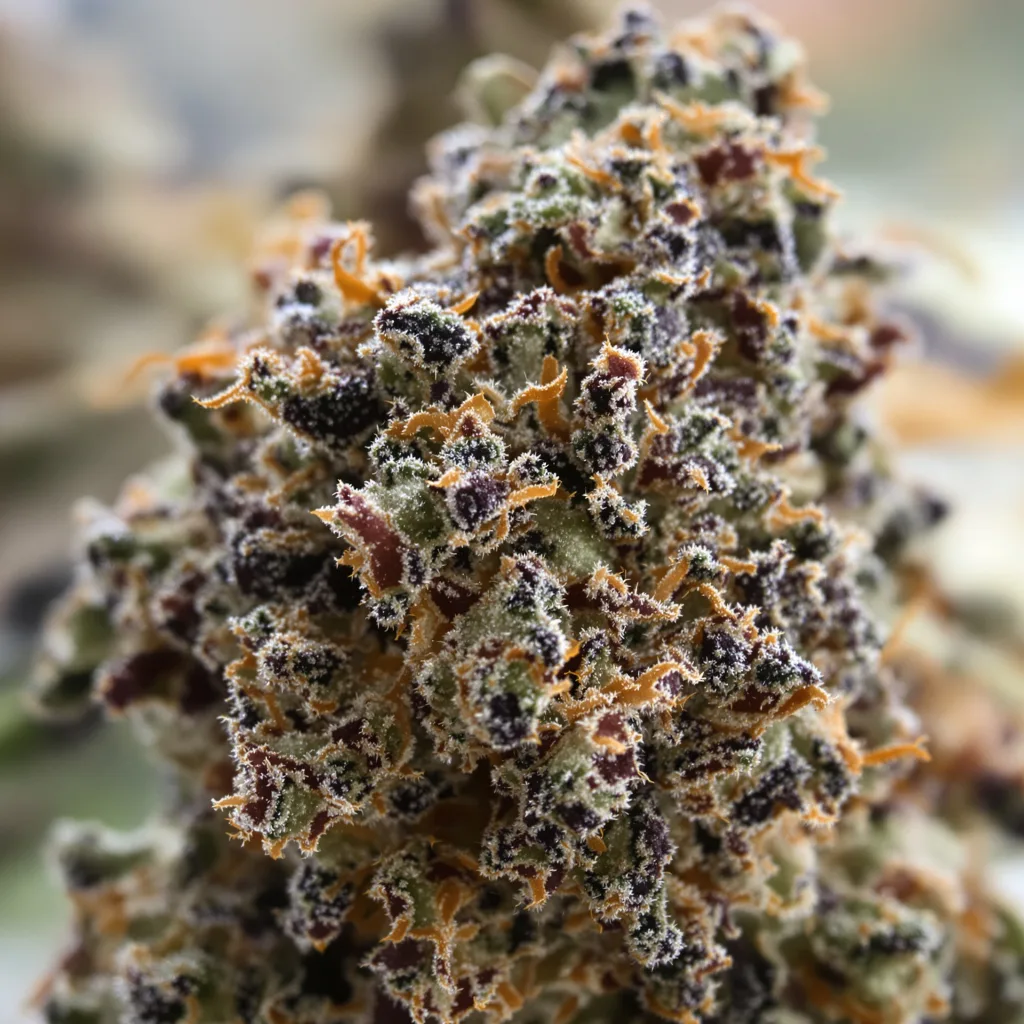 True OG cannabis bud close-up showing dense purple-tinged calyxes