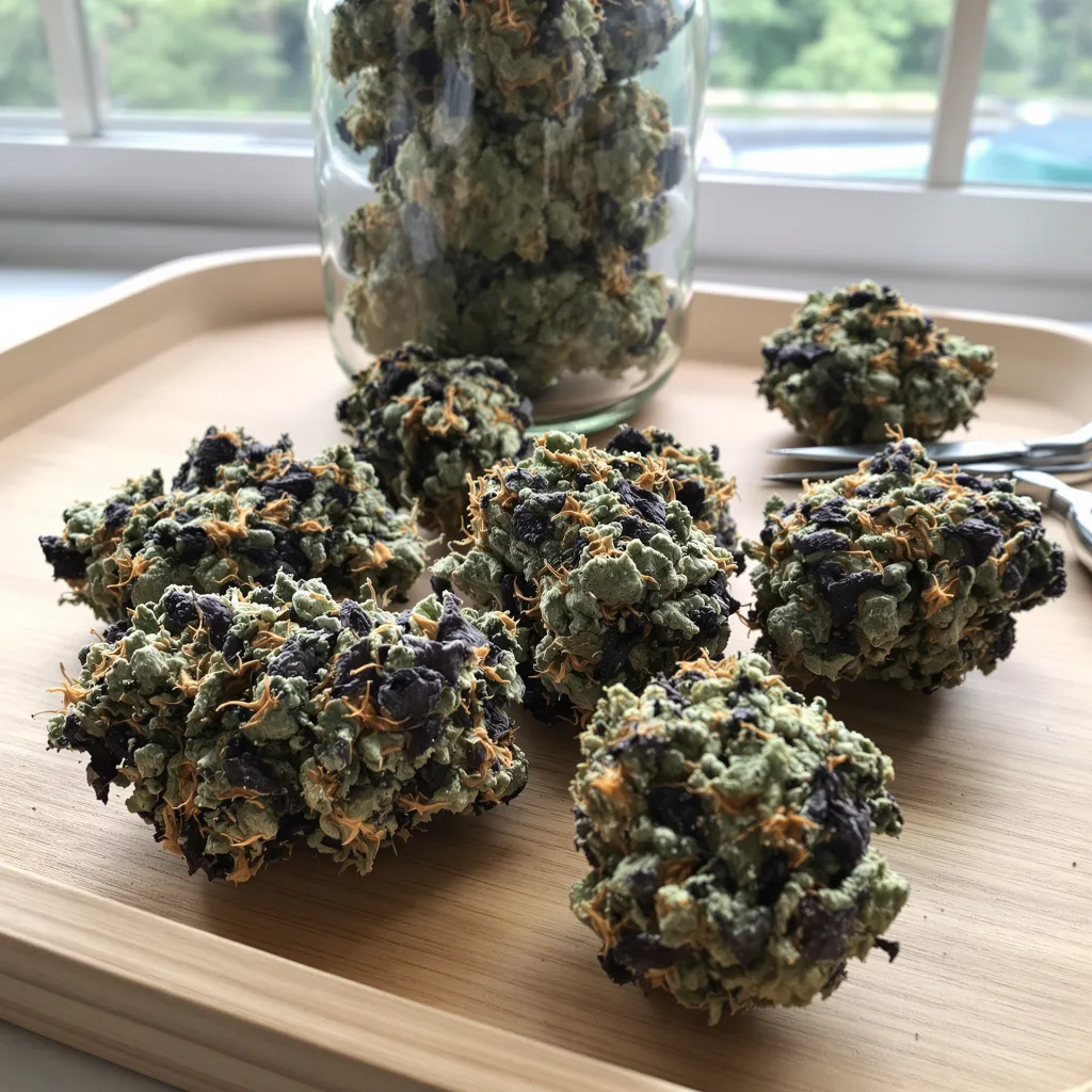 Tuna Kush 70% indica / 30% sativa flower with visible trichomes