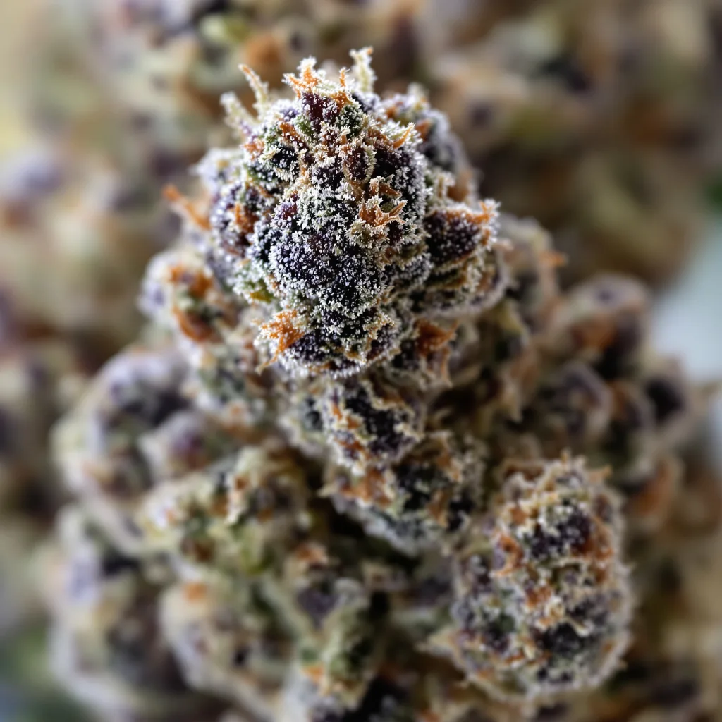 Tuna Kush cannabis bud close-up showing dense purple-tinged calyxes
