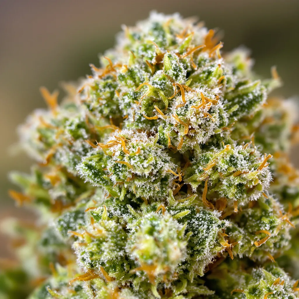 Tutankhamon cannabis bud close-up showing lime-green airy structure