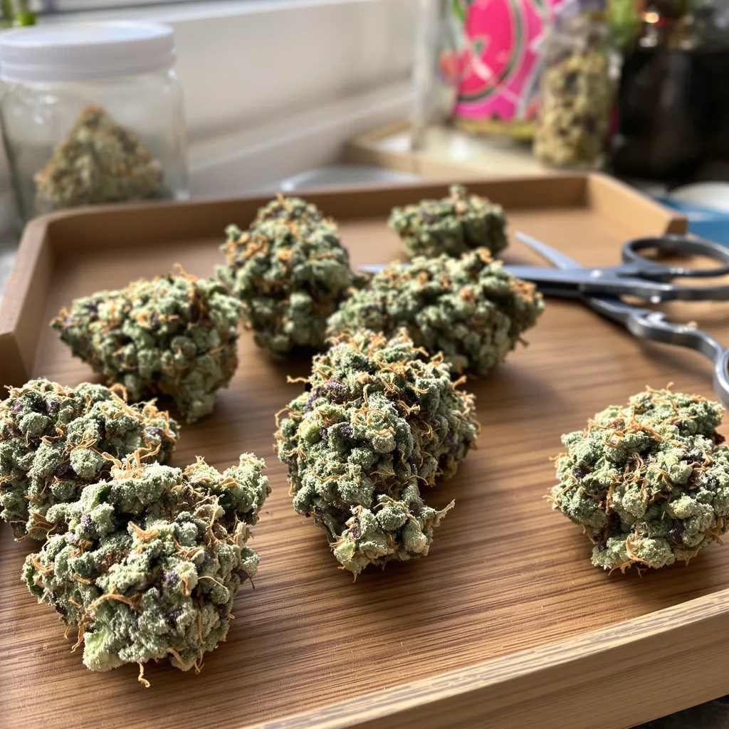 Tutti Frutti 44% indica / 56% sativa flower with visible trichomes