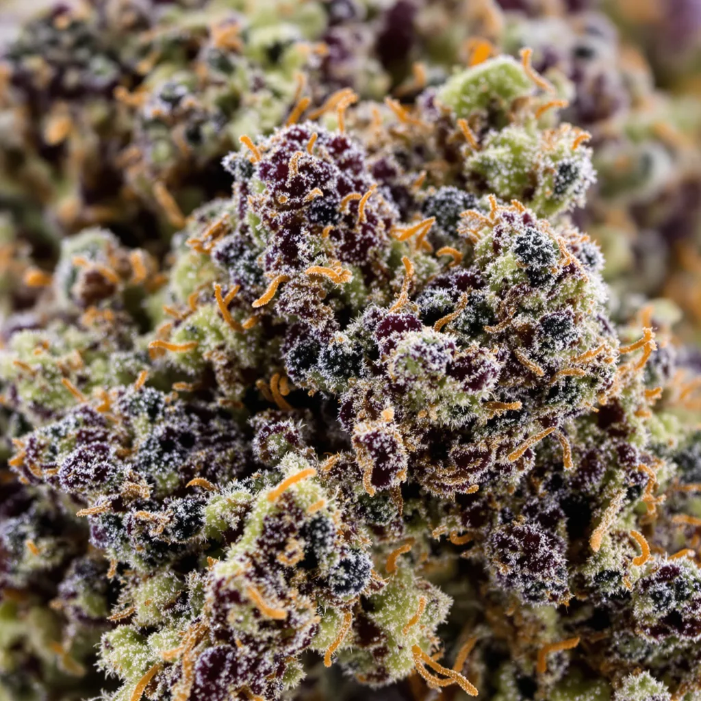 U2 Kush cannabis bud close-up showing dense purple-tinged calyxes