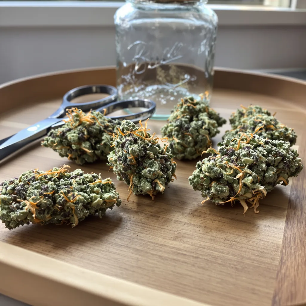 UK Cheese 40% indica / 50% sativa flower with visible trichomes