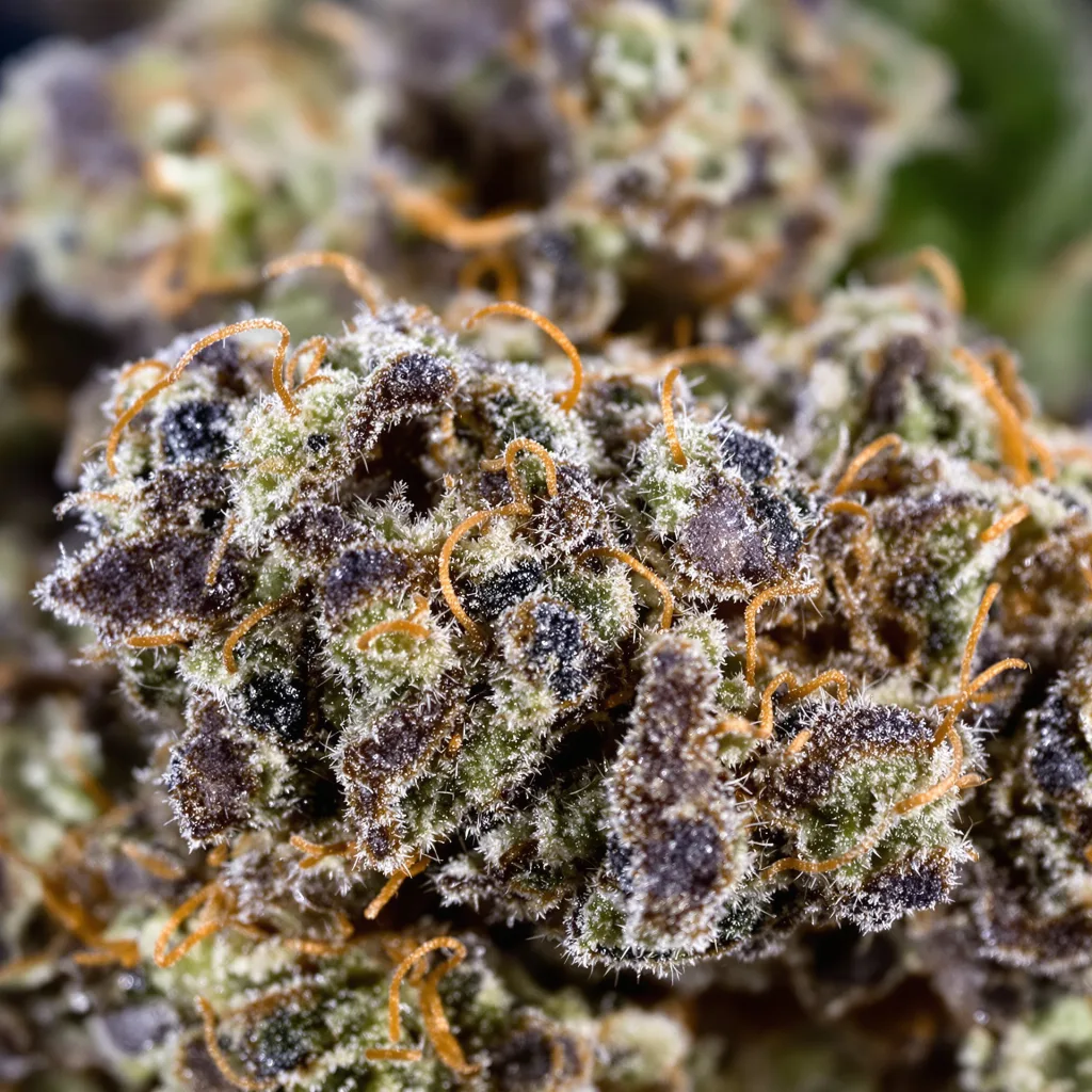 UW cannabis bud close-up showing dense purple-tinged calyxes