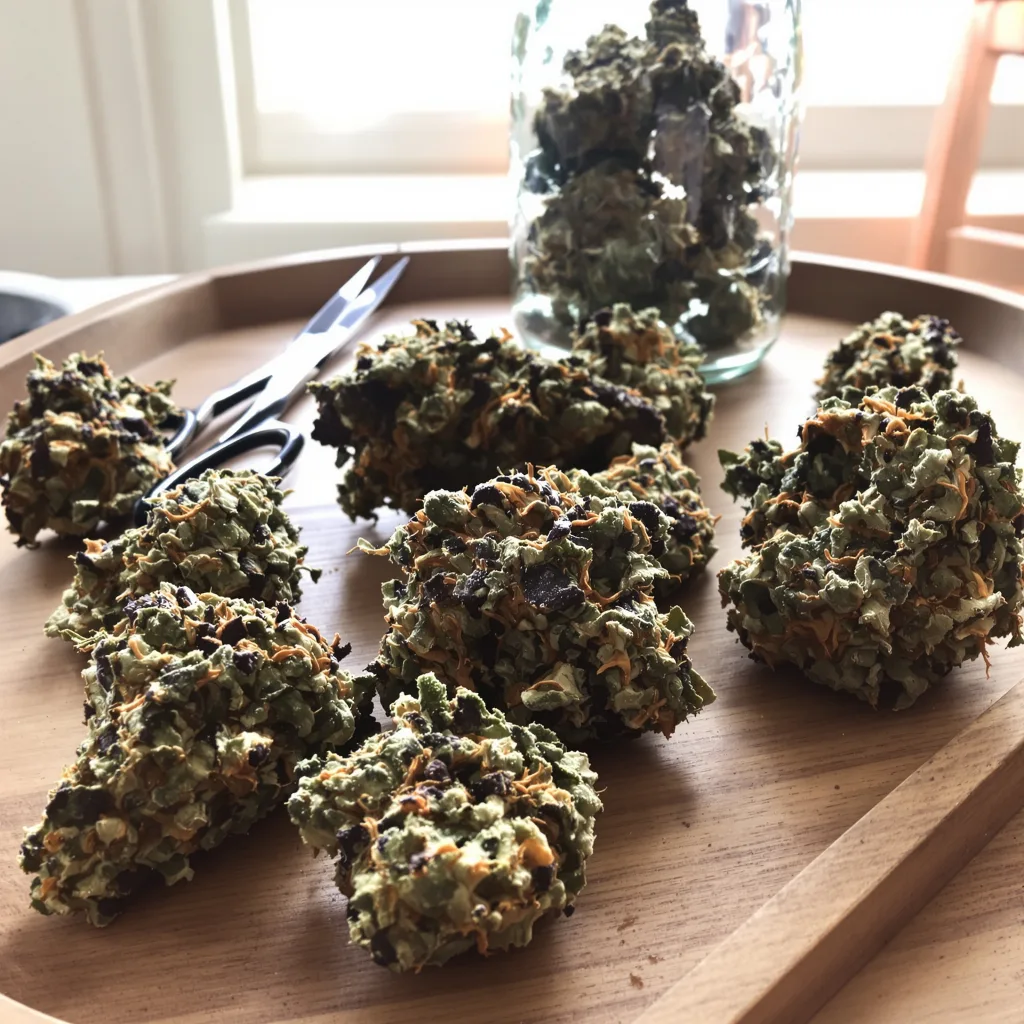 Vanilla Kush 70% indica / 30% sativa flower with visible trichomes