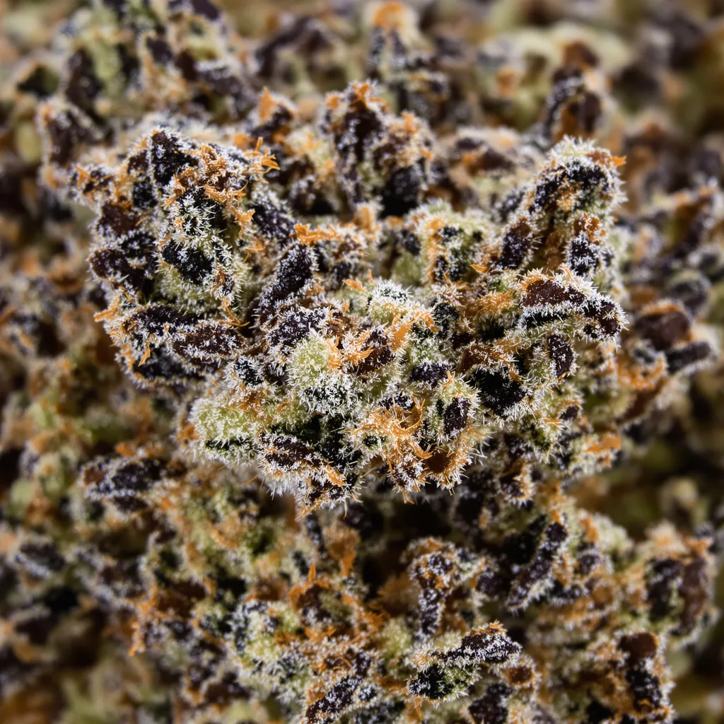 Vanilla Kush cannabis bud close-up showing dense purple-tinged calyxes