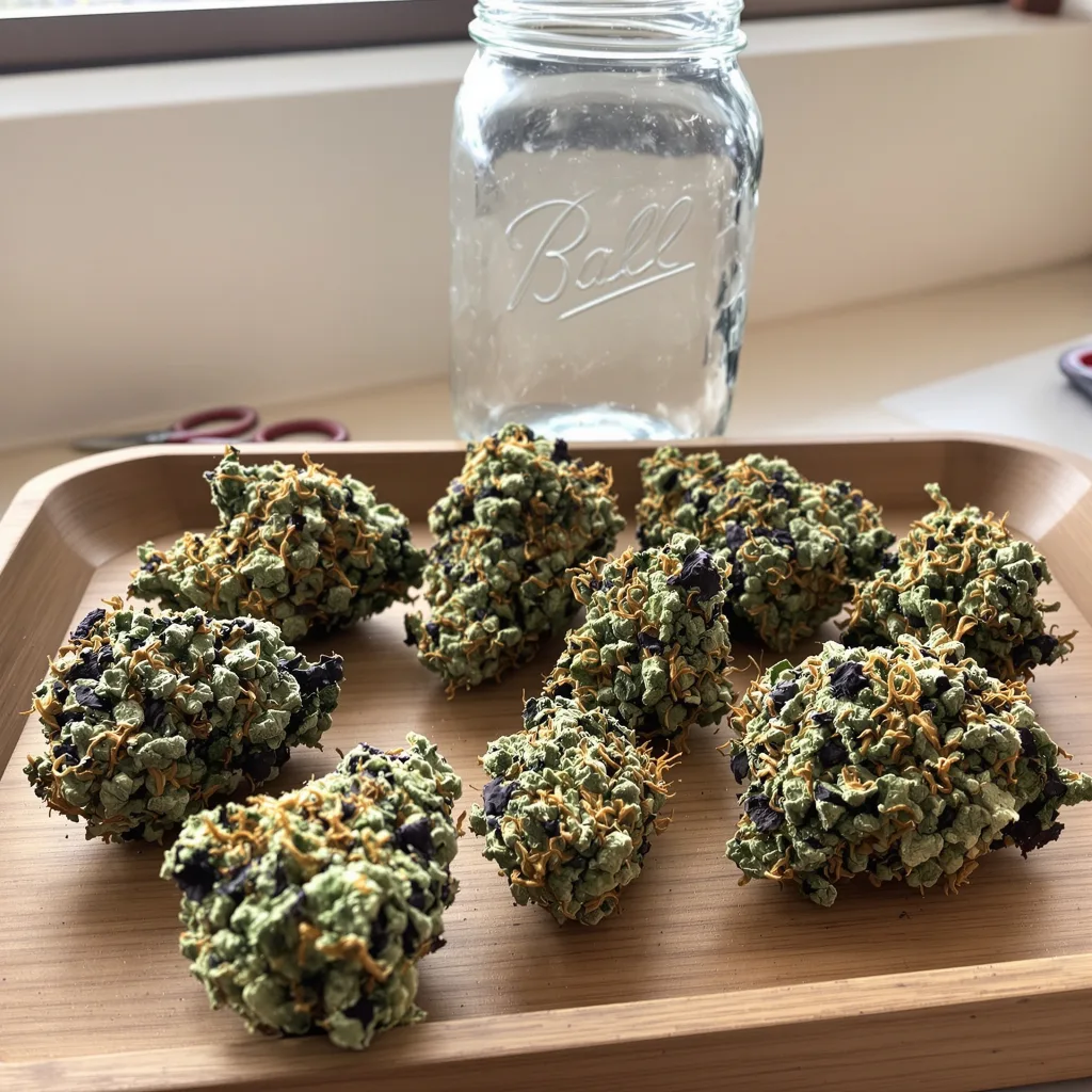 Violator Kush 70% indica / 20% sativa flower with visible trichomes