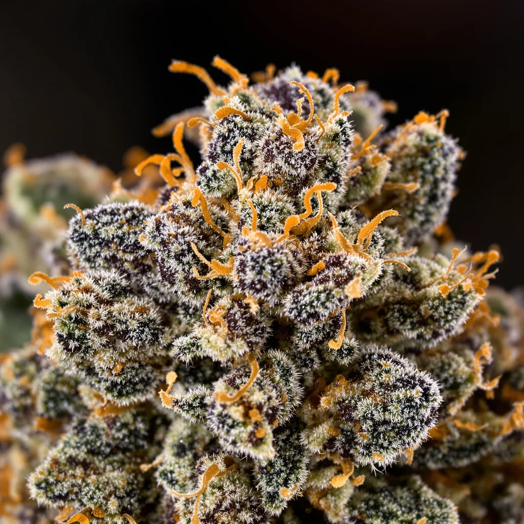 Violator Kush cannabis bud close-up showing dense purple-tinged calyxes