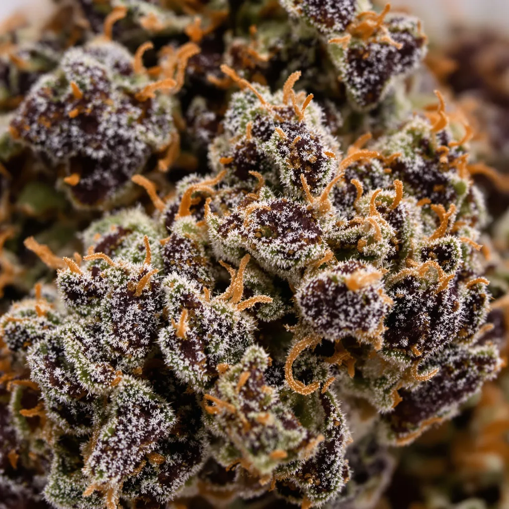 Warlock cannabis bud close-up showing dense purple-tinged calyxes
