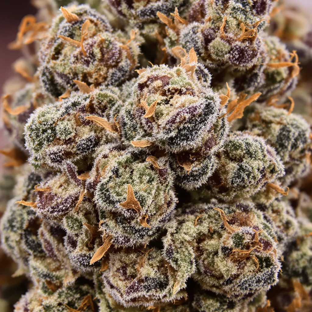 Wedding Pie cannabis bud close-up showing dense purple-tinged calyxes