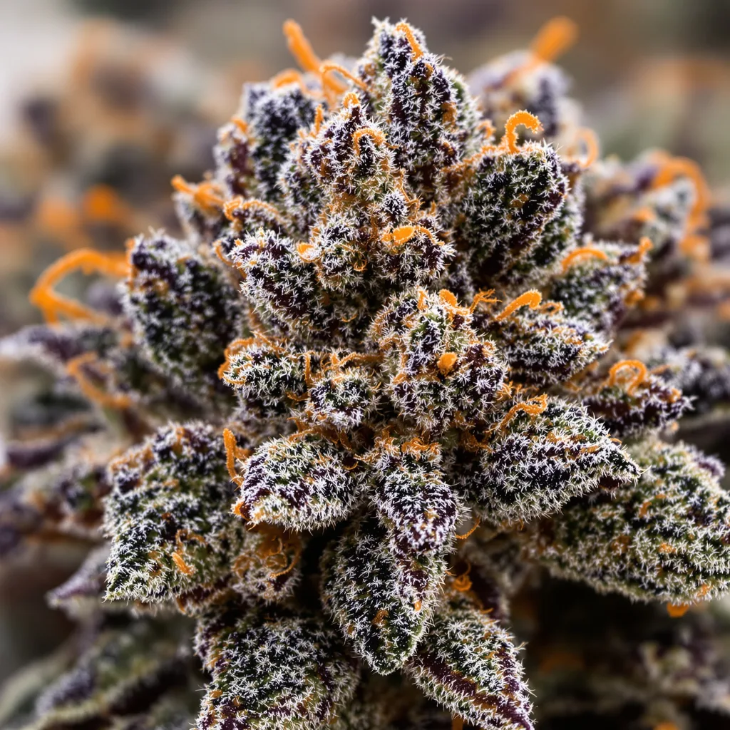 West OG cannabis bud close-up showing dense purple-tinged calyxes