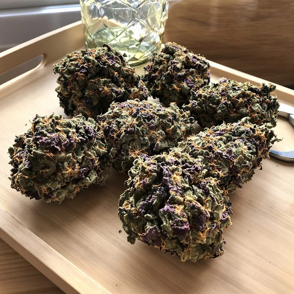 Whitaker Blues 77% indica / 23% sativa flower with visible trichomes